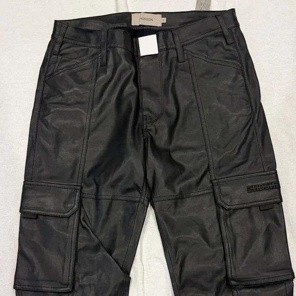 Men's Hudson Faux Leather Black Walker Kick Flare Cargo Pants New Size 30